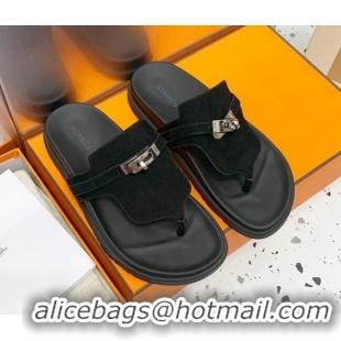 Purchase Hermes Kelly Suede Flat Thong Sandals Black 072809