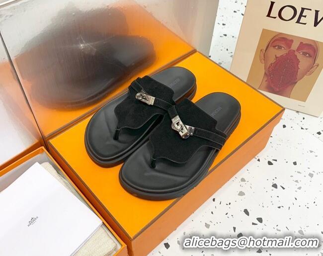 Purchase Hermes Kelly Suede Flat Thong Sandals Black 072809