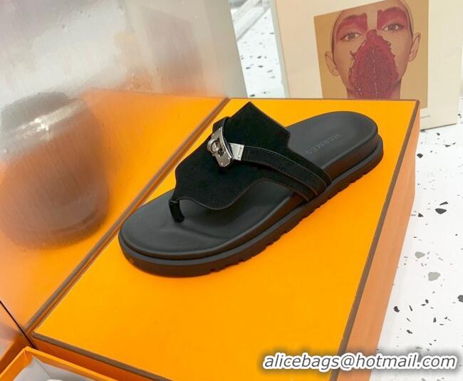 Purchase Hermes Kelly Suede Flat Thong Sandals Black 072809