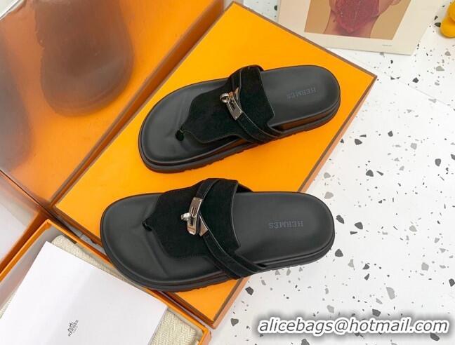 Purchase Hermes Kelly Suede Flat Thong Sandals Black 072809