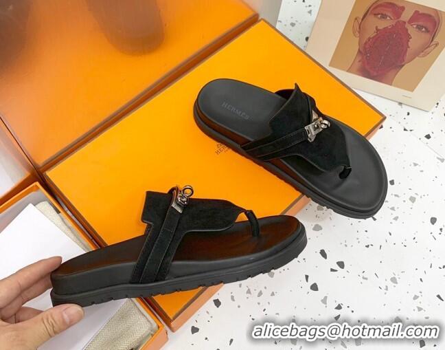 Purchase Hermes Kelly Suede Flat Thong Sandals Black 072809