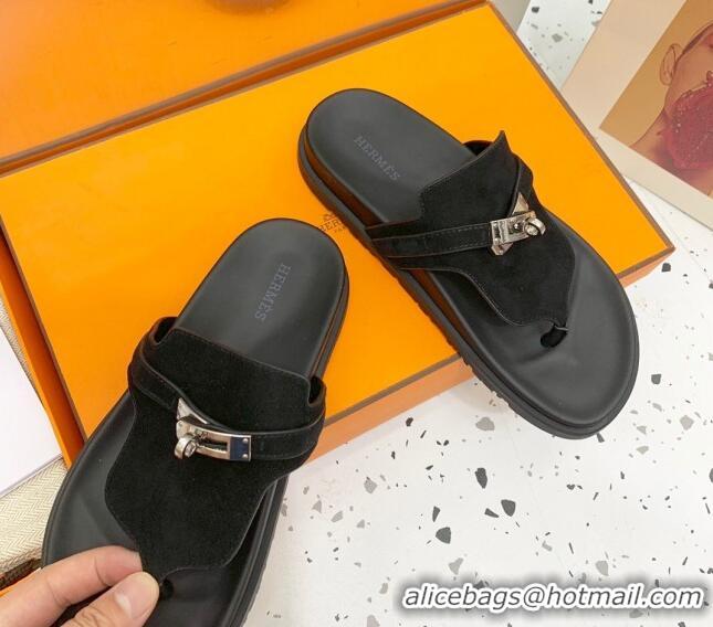 Purchase Hermes Kelly Suede Flat Thong Sandals Black 072809