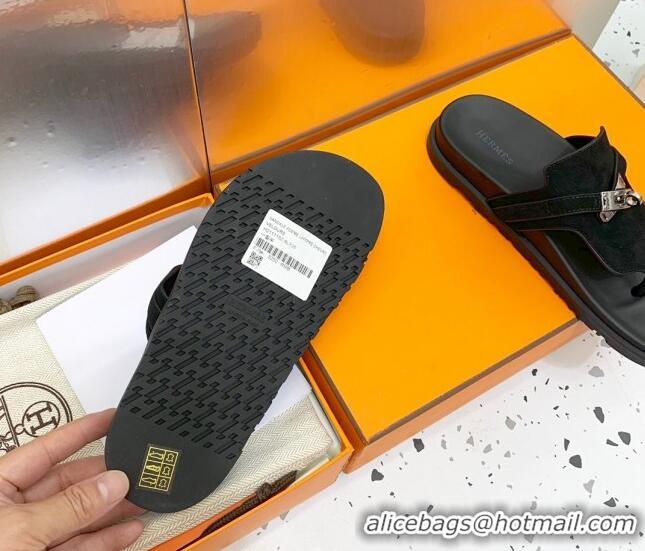 Purchase Hermes Kelly Suede Flat Thong Sandals Black 072809