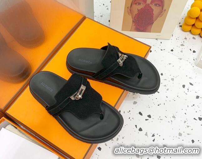 Purchase Hermes Kelly Suede Flat Thong Sandals Black 072809