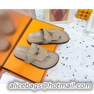 Popular Style Hermes Kelly Suede Flat Thong Sandals Grey 072810