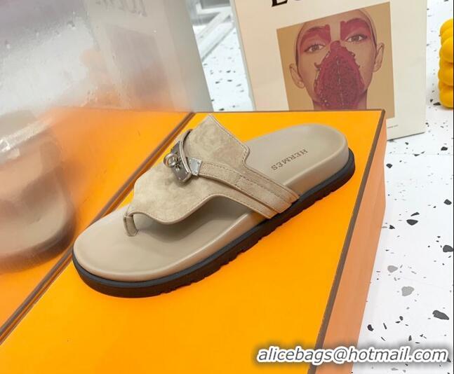 Popular Style Hermes Kelly Suede Flat Thong Sandals Grey 072810