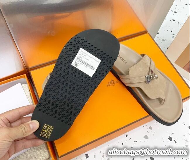 Popular Style Hermes Kelly Suede Flat Thong Sandals Grey 072810