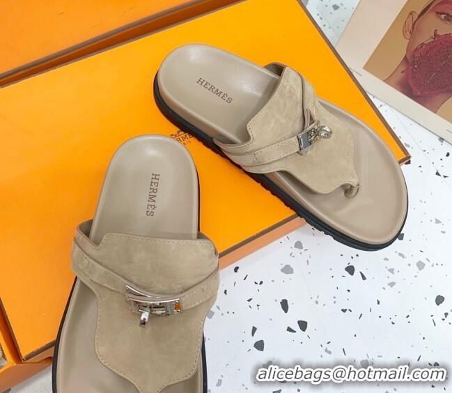 Popular Style Hermes Kelly Suede Flat Thong Sandals Grey 072810