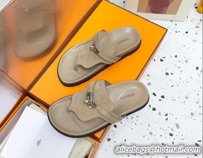 Popular Style Hermes Kelly Suede Flat Thong Sandals Grey 072810