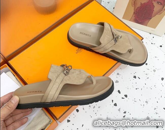 Popular Style Hermes Kelly Suede Flat Thong Sandals Grey 072810