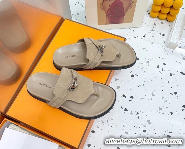 Popular Style Hermes Kelly Suede Flat Thong Sandals Grey 072810