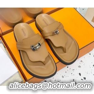 Lower Price Hermes Kelly Leather Flat Thong Sandals Brown 072811