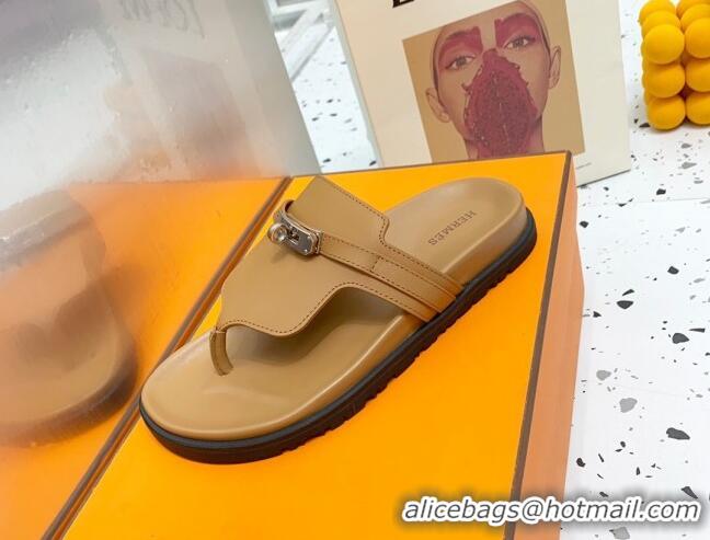 Lower Price Hermes Kelly Leather Flat Thong Sandals Brown 072811