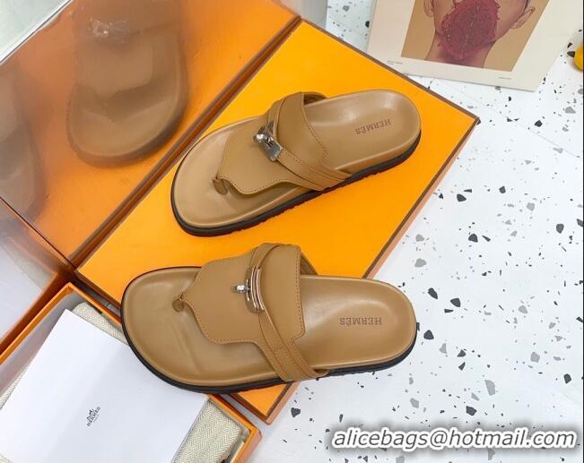 Lower Price Hermes Kelly Leather Flat Thong Sandals Brown 072811