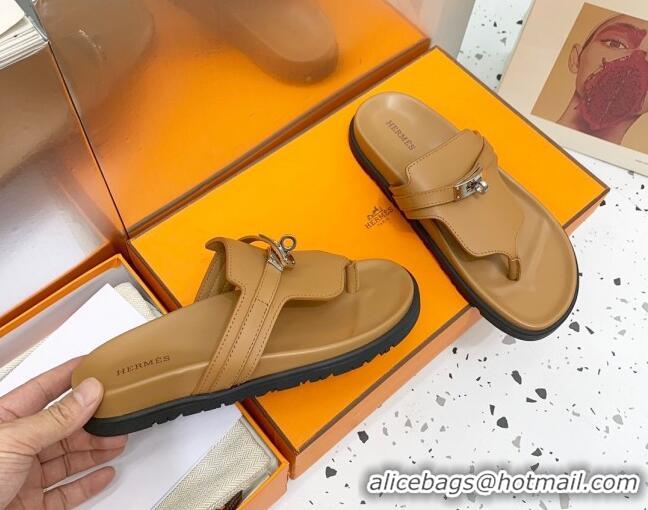 Lower Price Hermes Kelly Leather Flat Thong Sandals Brown 072811