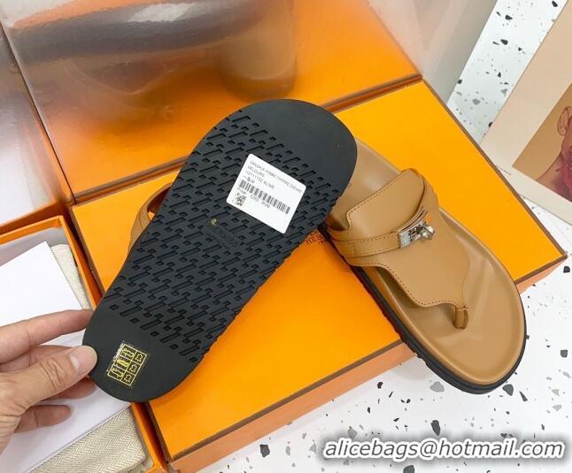 Lower Price Hermes Kelly Leather Flat Thong Sandals Brown 072811