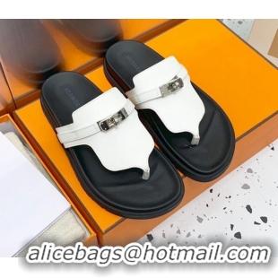 Charming Hermes Kelly Leather Flat Thong Sandals White 072812