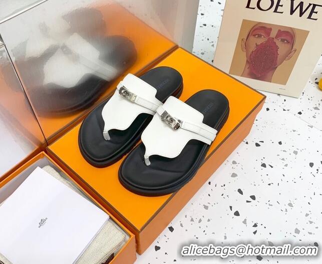 Charming Hermes Kelly Leather Flat Thong Sandals White 072812