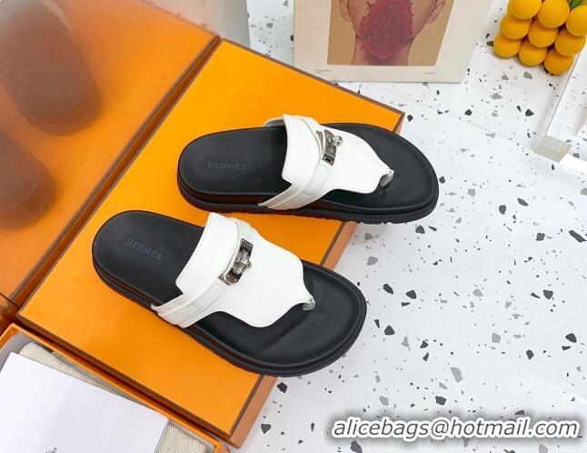 Charming Hermes Kelly Leather Flat Thong Sandals White 072812