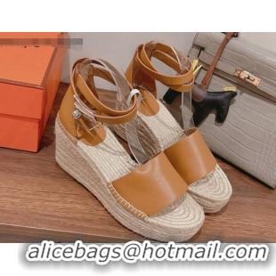 Unique Style Hermes Calfskin Wedge Platform Sandals 8.5cm Brown 081046