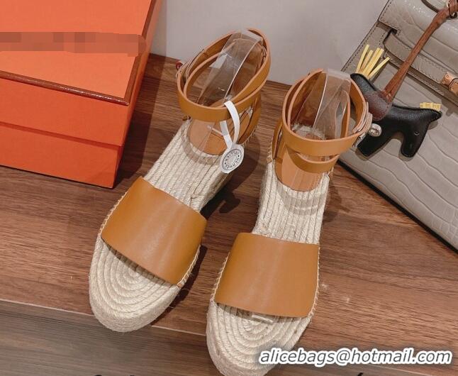 Unique Style Hermes Calfskin Wedge Platform Sandals 8.5cm Brown 081046