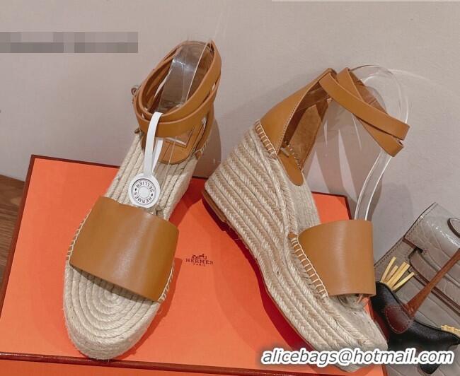 Unique Style Hermes Calfskin Wedge Platform Sandals 8.5cm Brown 081046