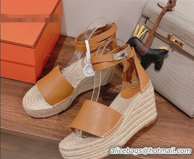 Unique Style Hermes Calfskin Wedge Platform Sandals 8.5cm Brown 081046