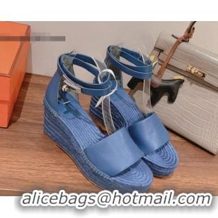 Good Looking Hermes Calfskin Wedge Platform Sandals 8.5cm Blue 081047