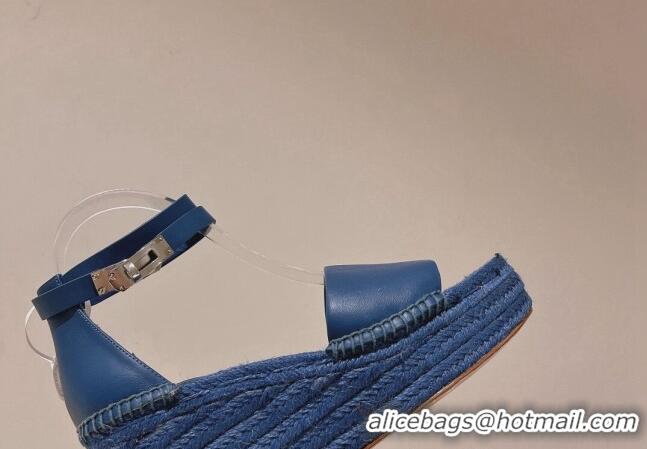 Good Looking Hermes Calfskin Wedge Platform Sandals 8.5cm Blue 081047