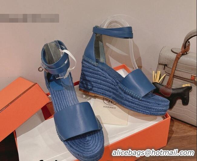 Good Looking Hermes Calfskin Wedge Platform Sandals 8.5cm Blue 081047