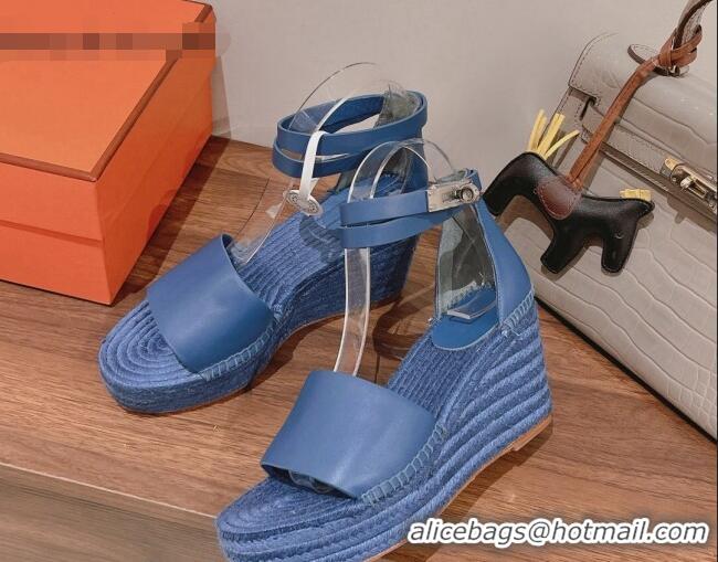 Good Looking Hermes Calfskin Wedge Platform Sandals 8.5cm Blue 081047