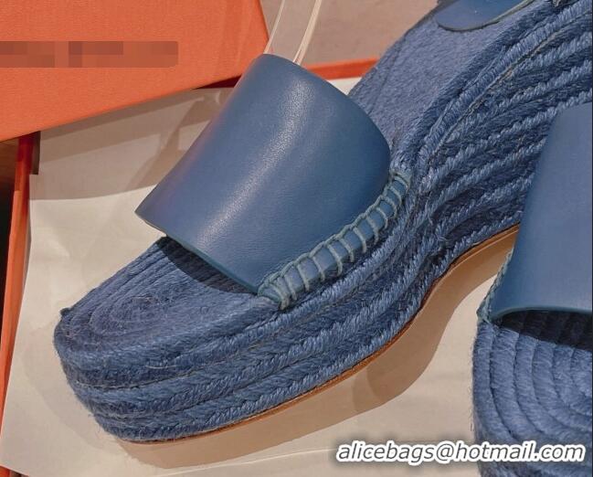 Good Looking Hermes Calfskin Wedge Platform Sandals 8.5cm Blue 081047