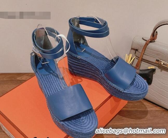 Good Looking Hermes Calfskin Wedge Platform Sandals 8.5cm Blue 081047