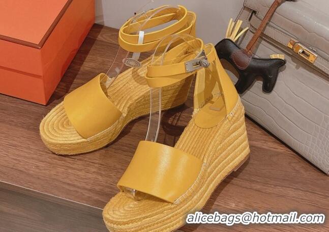 Durable Hermes Calfskin Wedge Platform Sandals 8.5cm Yellow 081048