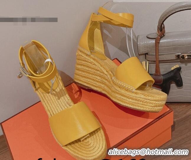 Durable Hermes Calfskin Wedge Platform Sandals 8.5cm Yellow 081048