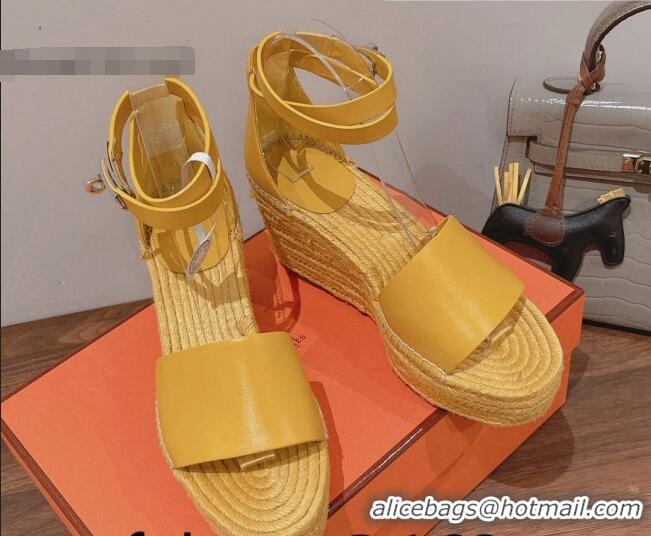 Durable Hermes Calfskin Wedge Platform Sandals 8.5cm Yellow 081048