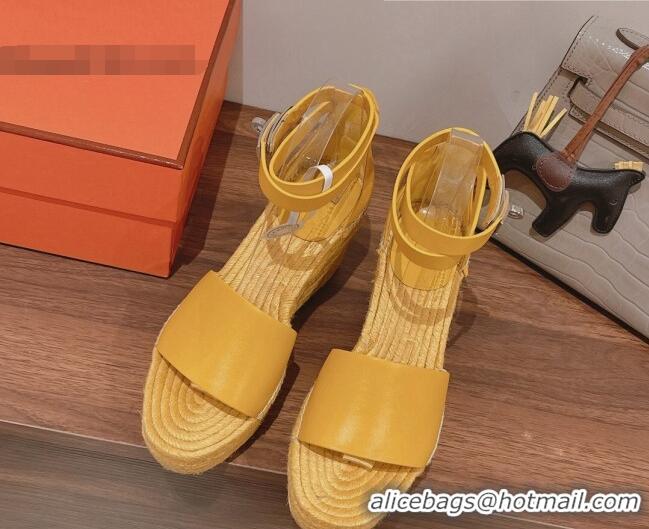 Durable Hermes Calfskin Wedge Platform Sandals 8.5cm Yellow 081048