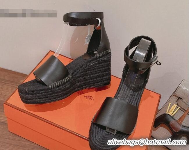 Top Grade Hermes Calfskin Wedge Platform Sandals 8.5cm Black Leather 081049