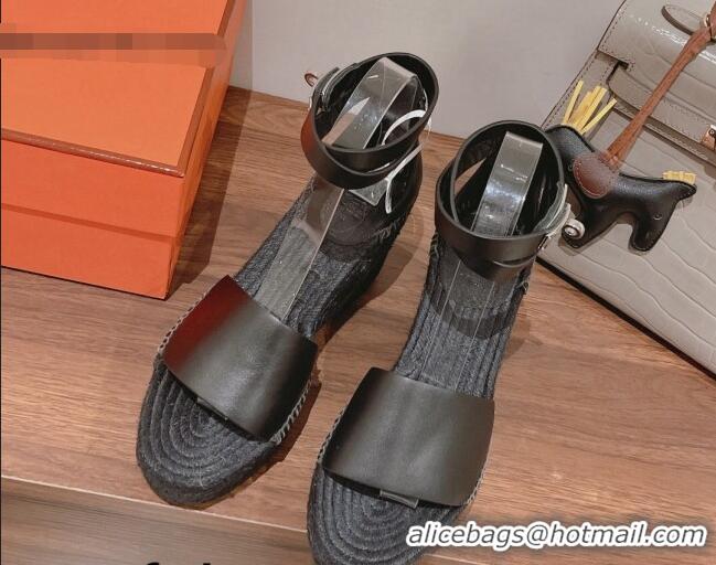 Top Grade Hermes Calfskin Wedge Platform Sandals 8.5cm Black Leather 081049