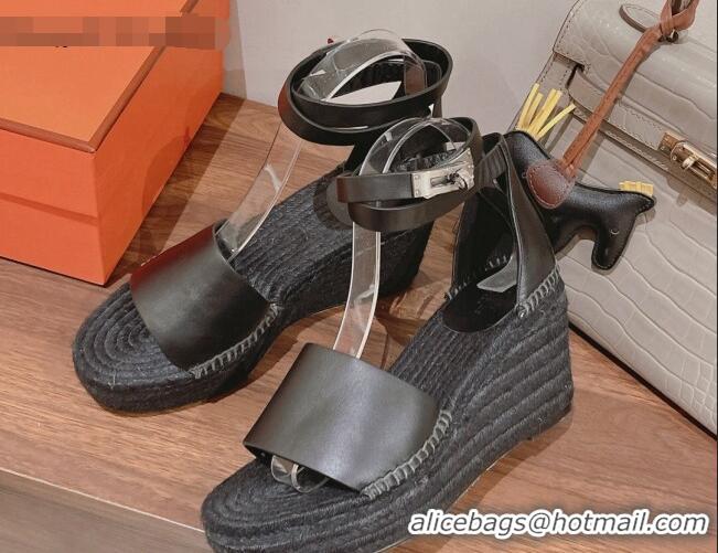 Top Grade Hermes Calfskin Wedge Platform Sandals 8.5cm Black Leather 081049