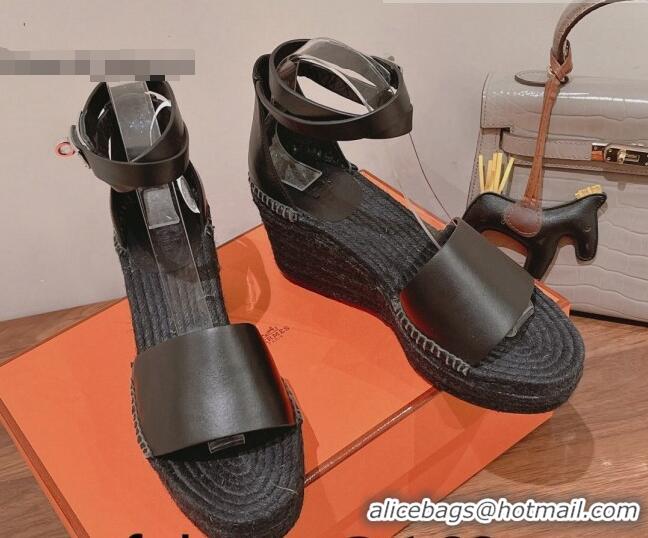 Top Grade Hermes Calfskin Wedge Platform Sandals 8.5cm Black Leather 081049