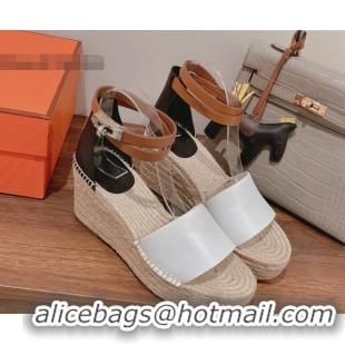 Best Product Hermes Calfskin Wedge Platform Sandals 8.5cm White/Black 081050