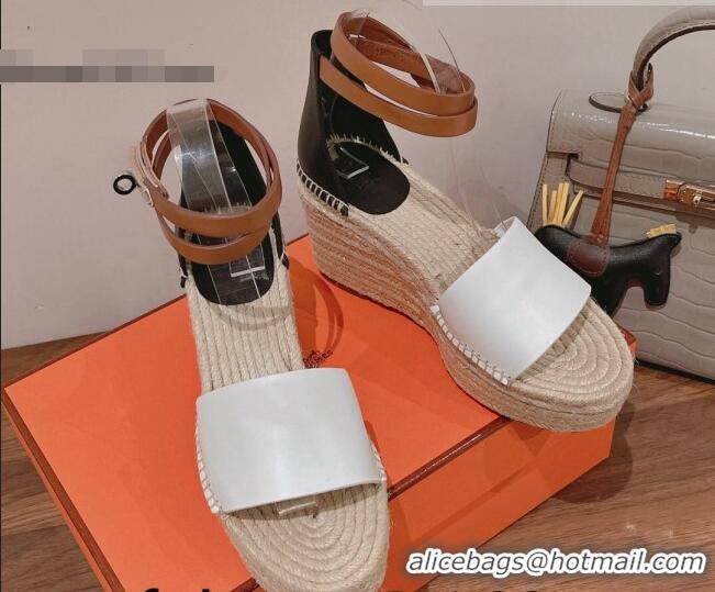 Best Product Hermes Calfskin Wedge Platform Sandals 8.5cm White/Black 081050