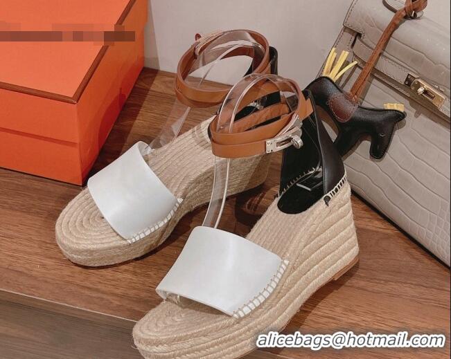 Best Product Hermes Calfskin Wedge Platform Sandals 8.5cm White/Black 081050