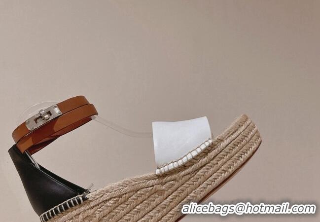 Best Product Hermes Calfskin Wedge Platform Sandals 8.5cm White/Black 081050