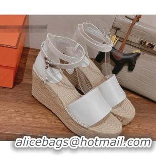 Good Quality Hermes Calfskin Wedge Platform Sandals 8.5cm White 081051