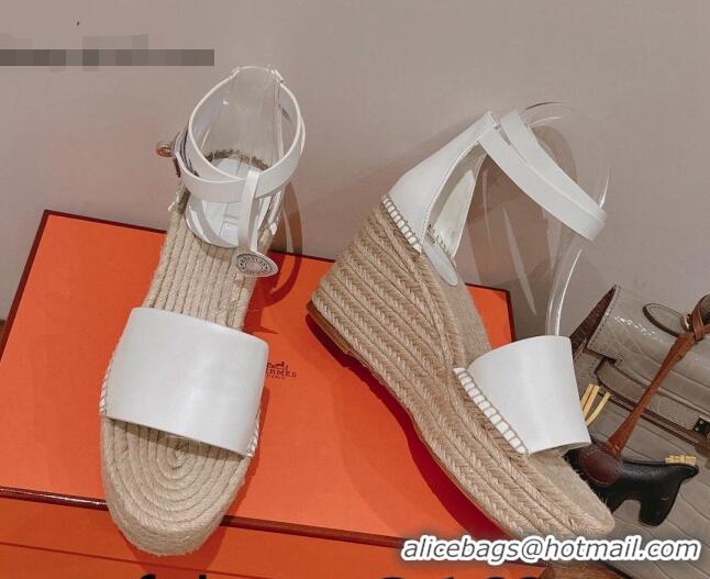 Good Quality Hermes Calfskin Wedge Platform Sandals 8.5cm White 081051