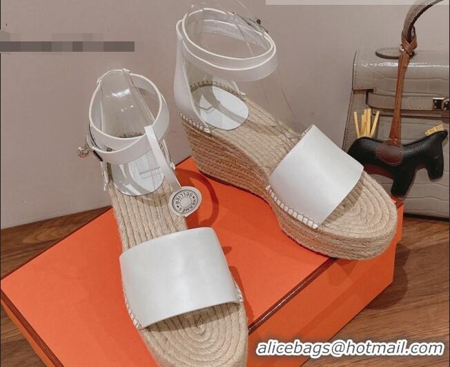 Good Quality Hermes Calfskin Wedge Platform Sandals 8.5cm White 081051