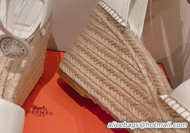 Good Quality Hermes Calfskin Wedge Platform Sandals 8.5cm White 081051