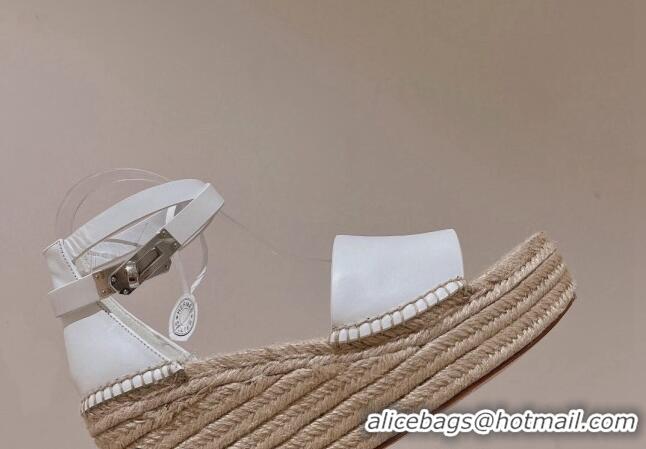 Good Quality Hermes Calfskin Wedge Platform Sandals 8.5cm White 081051